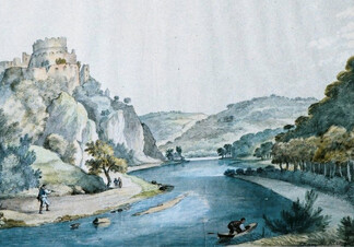 Nový Hrádek od Dyje, kolorovaná kresba tužkou, Franz Richter, 1832.