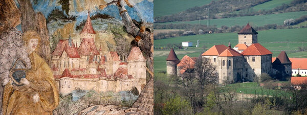 Hrad Švihov podle malby v kapli z roku 1520 a pohled v současnosti