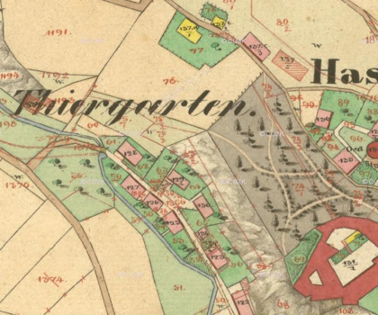 Mapa stabilního katastru z roku 1837 s vyznačením obory, včetně sítě cest. | © Český úřad zeměměřický a katastrální (ČÚZK), dostupné na https://ags.cuzk.cz/archiv/. Nepodléhá Creative Commons.