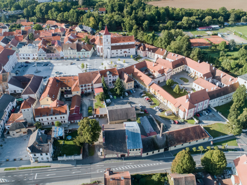 Horažďovice, letecký pohled na historické jádro